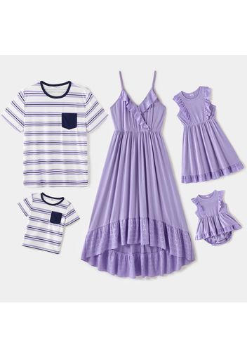 Family Matching Purple Textured Spaghetti Strap Lace V Neck Ruffle Dresses and Short-sleeve Striped T-shirts Sets