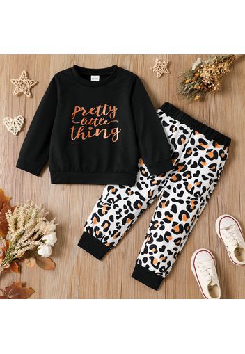 2-piece Toddler Girl Letter Print Black Sweatshirt and Leopard Print Pants Set