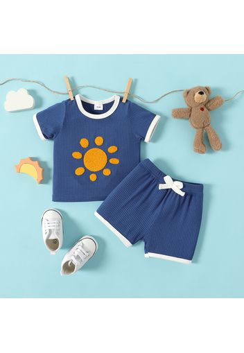 2pcs Baby Boy Sun Embroidered Rib Knit Tee and Shorts Set