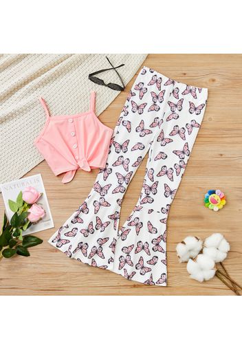 2pcs Kid Girl Button Design Tie Knot Camisole and Butterfly Print Flared Pants Set