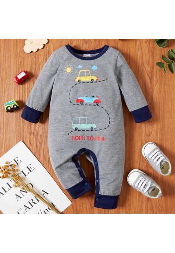 Baby Boy Striped/Cartoon Car Print Colorblock Long-sleeve Jumpsuit