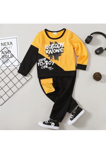 2pcs Toddler Boy Treddy Letter Print Colorblock Sweatshirt and Pocket Design Pants Set