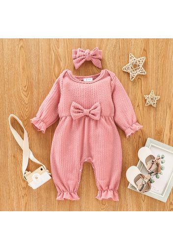 100% Cotton 2pcs Baby Solid Ribbed Long-sleeve Bowknot Ruffle Jumpsuit Set