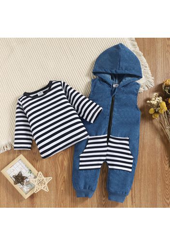 2pcs Baby Striped Long-sleeve T-shirt and Sleeveless Hooded Jumpsuit Set