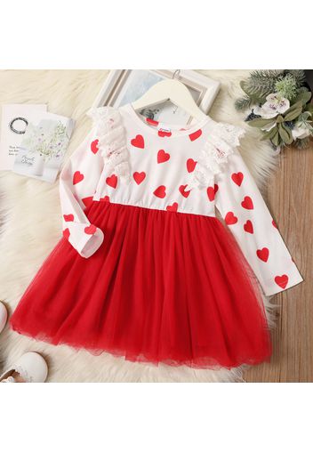 Toddler Girl Ruffled Schiffy Heart Print Bowknot Design Mesh Dress Set