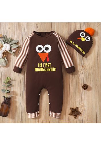 Baby 2pcs Thanksgiving Day Coffee Letter and Stripe Print Long-sleeve Jumpsuit Set