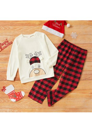 2-piece Kid Boy/Kid Girl Christmas Deer Print Polar Fleece Pullover and Plaid Pants Set