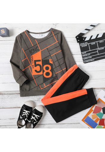 2-piece Kid Boy Number Letter Print Striped Long-sleeve Tee and Colorblock Pants Set