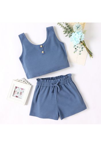 2pcs Kid Girl Solid Color Button Design Waffle Tank Top and Bowknot Design Paperbag Shorts Set