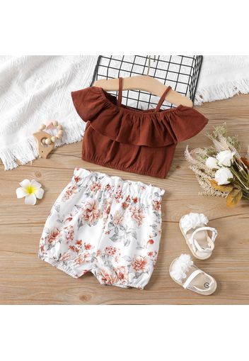 2pcs Baby Girl 100% Cotton Spaghetti Strap Ruffle Crop Top and Floral Print Shorts Set