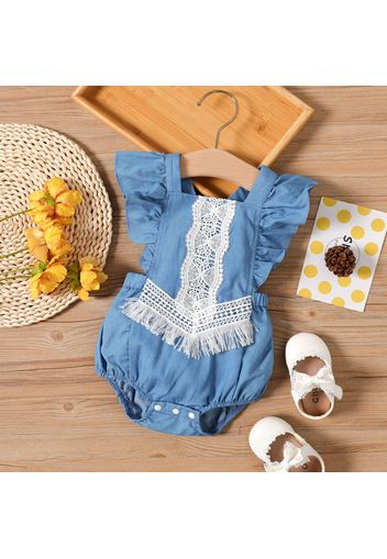 Baby Girl Fringe Detail Imitation Denim Ruffle Trim Sleeveless Romper