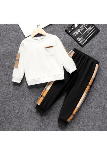 2pcs Toddler Boy Plaid Colorblock Pocket Design Sweatshirt and Black Pants Set