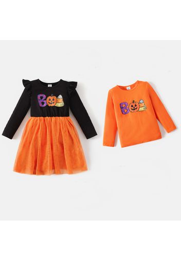 Halloween Sibling Matching Long-sleeve Graphic Mesh Dress and Tee