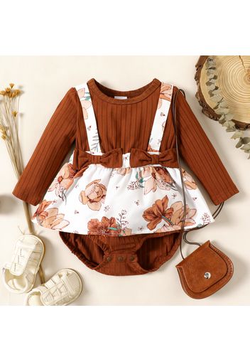 Baby Girl Brown Ribbed Long-sleeve Bowknot Ribbed Floral Printed Skirted Romper