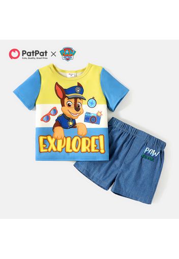 PAW Patrol 2pcs Toddler Boy Letter Print Colorblock Short-sleeve Tee and Elasticized Denim Cotton Shorts Set