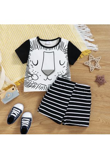 2pcs Baby Boy Short-sleeve Cartoon Lion Print T-shirt and Striped Shorts Set