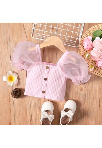 Toddler Girl Square Neck Button Design Mesh Puff-sleeve Tee