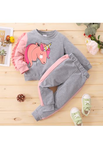 2-piece Toddler Girl Ruffled Unicorn Print Colorblock Pullover and Pants Elasticized Set