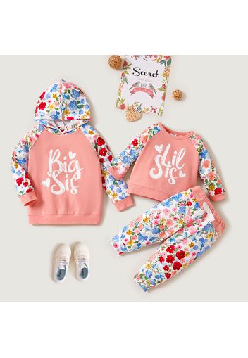 Letter Print Splicing Pink Floral Raglan Long-sleeve Sibling Matching Sets