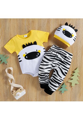 3pcs Baby Boy/Girl Cartoon Animal Print Colorblock Short-sleeve Romper and Zebra Print Trousers with Hat Set