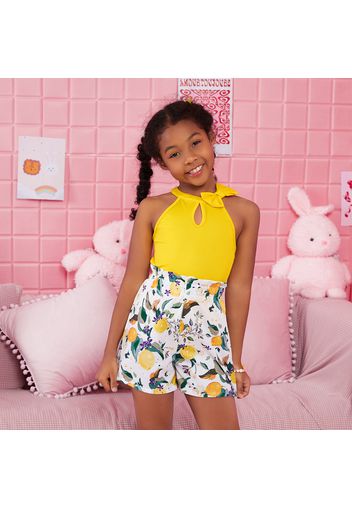 2pcs Kid Girl Bowknot Design Halter Camisole and Lemon Print Shorts Set