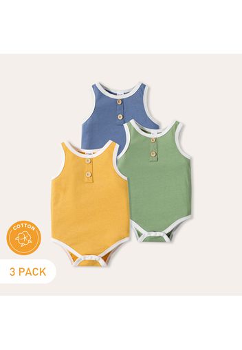 3-Pack 100% Cotton Baby Boy Button Front Solid Tank Rompers Set