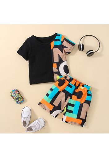 2pcs Toddler Boy Trendy Letter Print Colorblock Tee and Shorts Set