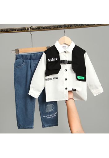 2pcs Toddler Boy Trendy Faux-two Vest Design Letter Print Long-sleeve Shirt and Ripped Denim Jeans Set