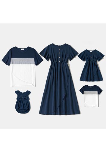 Solid Navy Blue Family Matching Sets（Short-sleeve Dresses and Colorblock T-shirts）