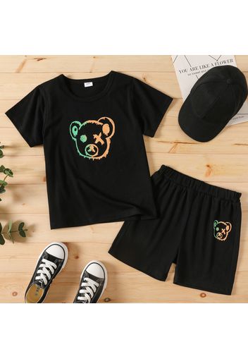 2-piece Kid Boy Animal Bear Print Short-sleeve Tee and Elasticized Shorts Set