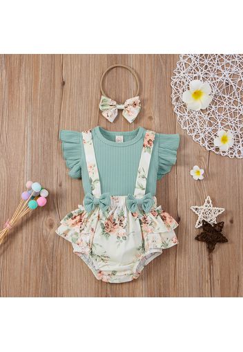 3pcs Floral Print Flutter-sleeve Ribbed Baby Sets