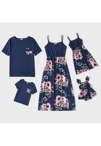 Floral Print Family Matching Sets(Sling Dresses for Mom and Girl ; Short Sleeve T-shirts for Dad and Boy)