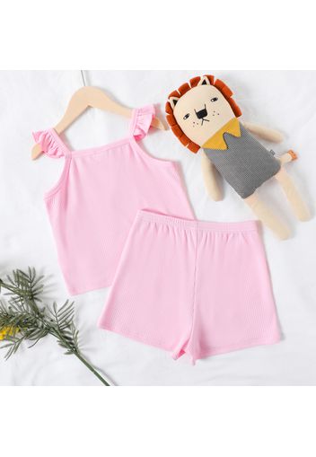 2-piece Kid Girl Ruffled Ribbed Solid Color Camisole and Elasticized Shorts Set