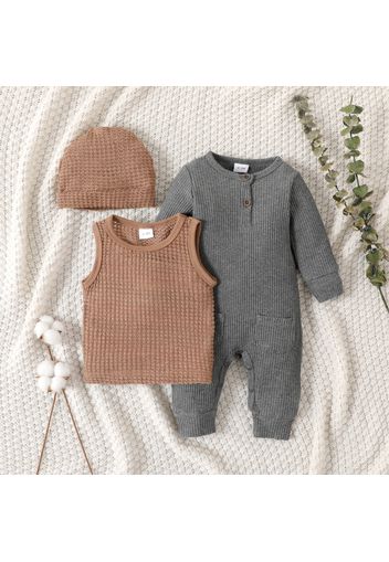 3pcs Baby Boy/Girl Solid Ribbed Long-sleeve Jumpsuit with Knitted Tank Top and Hat Set