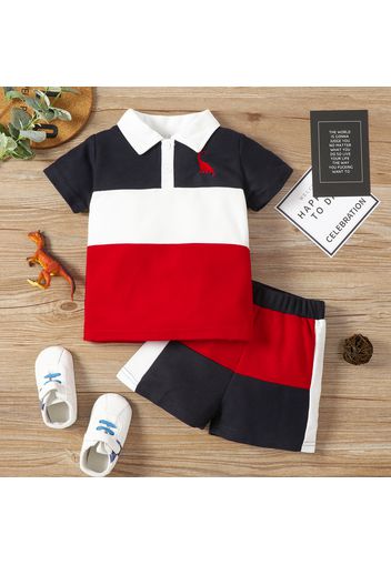 2pcs Toddler Boy Casual Dinosaur Embroidered Colorblock Polo Shirt & Shorts Set