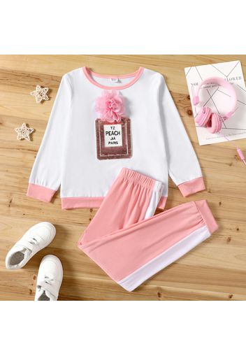 2-piece Kid Girl 3D Floral Design Sequined Letter Embroidered Long-sleeve Top and Colorblock Pants Set