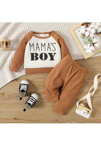 2pcs Baby Boy Letter Print Raglan-sleeve Waffle Sweatshirt and Sweatpants Set