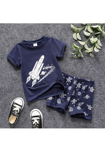 2pcs Toddler Boy Casual Rocket Planet Print Tee and Shorts Set