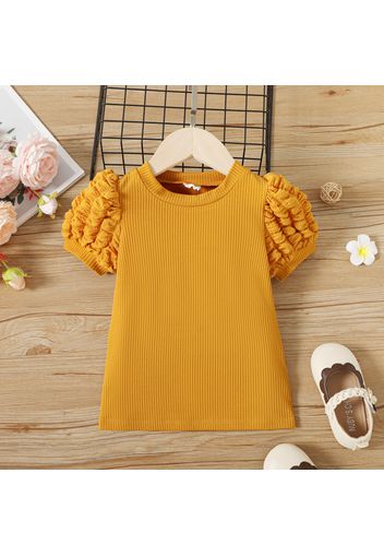 Toddler Girl Solid Color Ribbed Short Puff-sleeve Tee