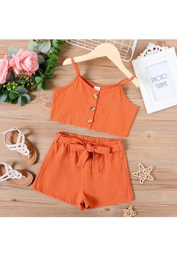 2-piece Kid Girl 100% Cotton Solid Color Button Design Camisole and Belted Shorts Set