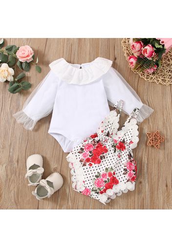 2pcs Baby Girl Solid Mesh Long-sleeve and Spaghetti Strap Floral Print Romper Bodysuit Set