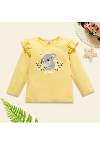 Toddler Girl Graphic Koala and Floral and Letter Print Ruffled Long-sleeve Tee