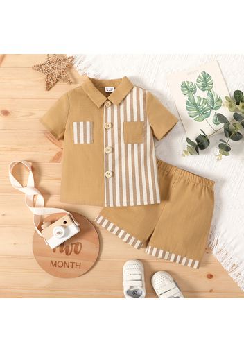 100% Cotton 2pcs Baby Boy Solid and Striped Splicing Short-sleeve Button Up Shirt and Shorts Set