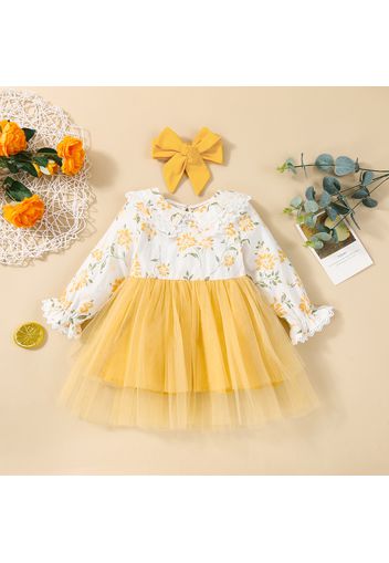 2pcs Baby Floral Embroidered Lace Doll Collar Long-sleeve Splicing Mesh Dress Set