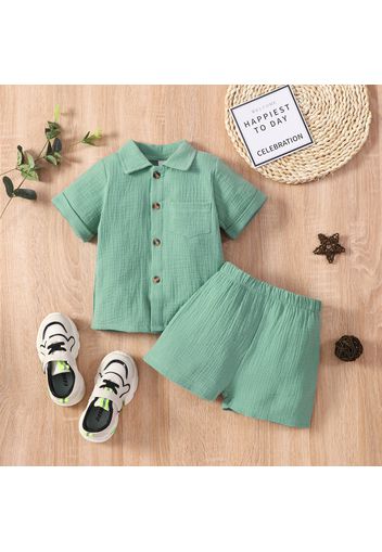 2pcs Toddler Boy Basic 100% Cotton Lapel Collar Crepe Shirt and Green Shorts Set