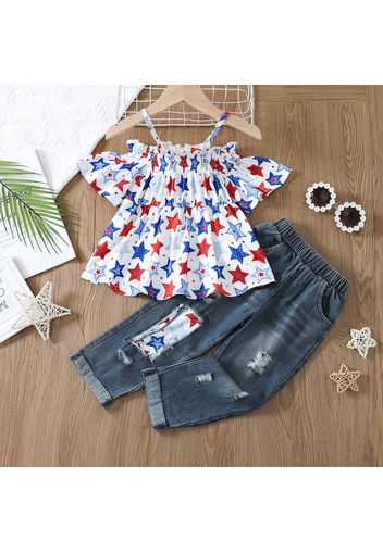 independence 2pcs Toddler Girl Star Print Smocked Camisole and Patchwork Denim Jeans Set