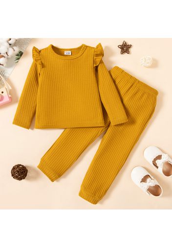 2-piece Toddler Girl Ruffled Textured Long-sleeve Top and Solid Color Pants Set