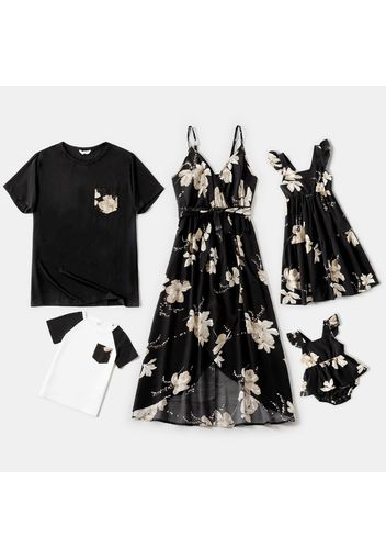 Family Matching Floral Print Black Dresses and Short-sleeve T-shirts Sets