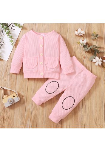 2pcs Baby Girl Solid Waffle Knit Button Long-sleeve Top and Trousers Set