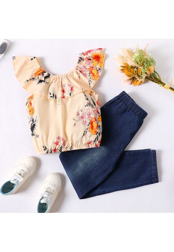 2-piece Kid Girl Off Shoulder Floral Print Flounce Tee and Elasticized Blue Denim Jeans Set